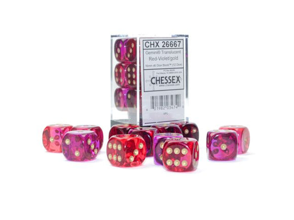 D6 Dice 16mm Block Translucent Red-Violet/gold (12)