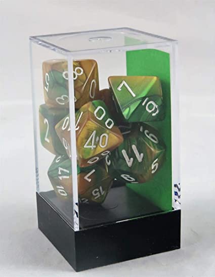 Gemini Poly 7 Dice Set – Gold-Green/White