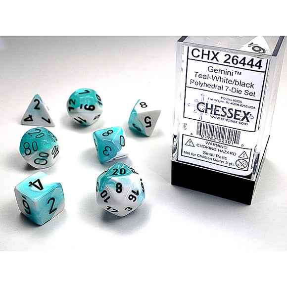 Gemini Poly 7 Dice Set – White-Teal/Black